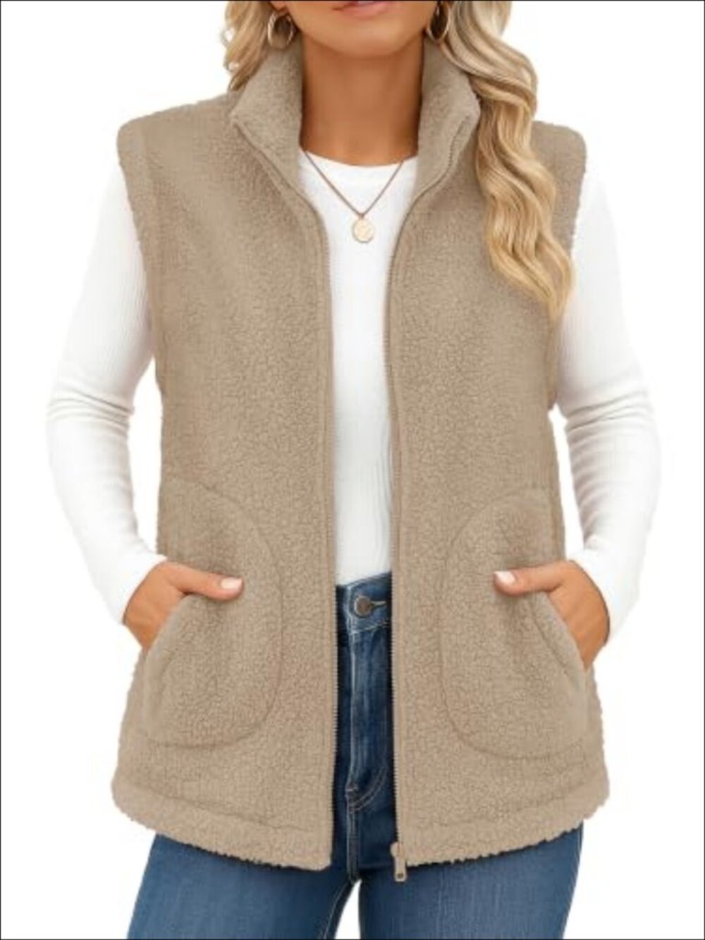 Sherpa Fleece Zip Up Vest Sleeveless Fuzzy Winter Outerwear